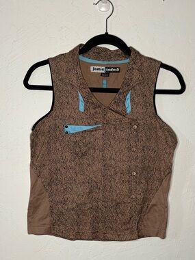 Jamie Sadock Small Tank Top Brown Turquoise Golf Tennis Artistic Buttons Collar